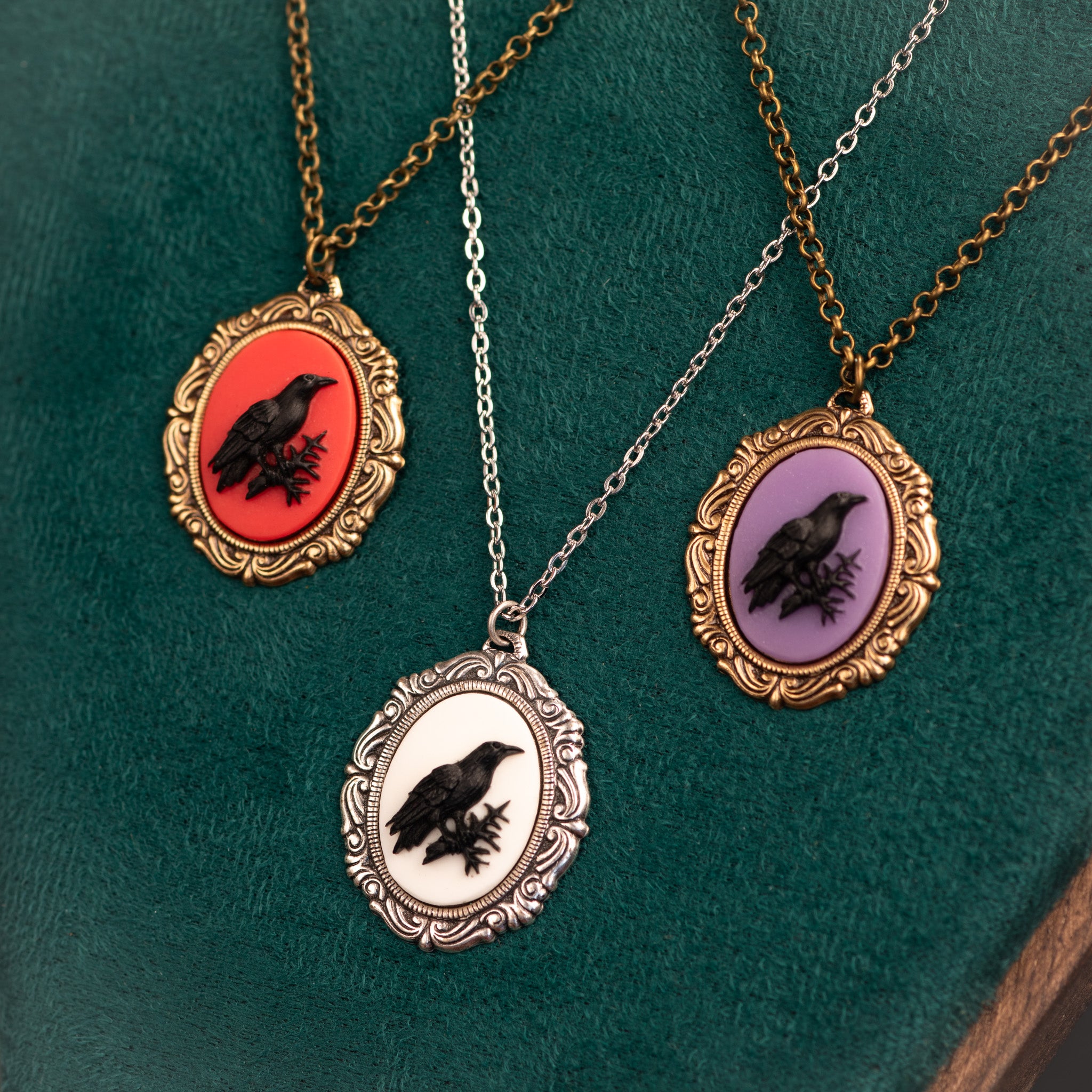 Black Raven Cameo Necklace Vintage Style Poe Victorian Gothic Horror Crow Dark Academia Pendant on Retro Filigree Setting Odin's Eyes