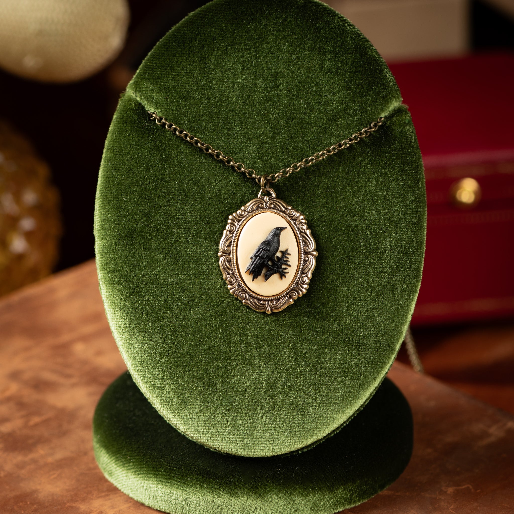 Black Raven Cameo Necklace Vintage Style Poe Victorian Gothic Horror Crow Dark Academia Pendant on Retro Filigree Setting Odin's Eyes