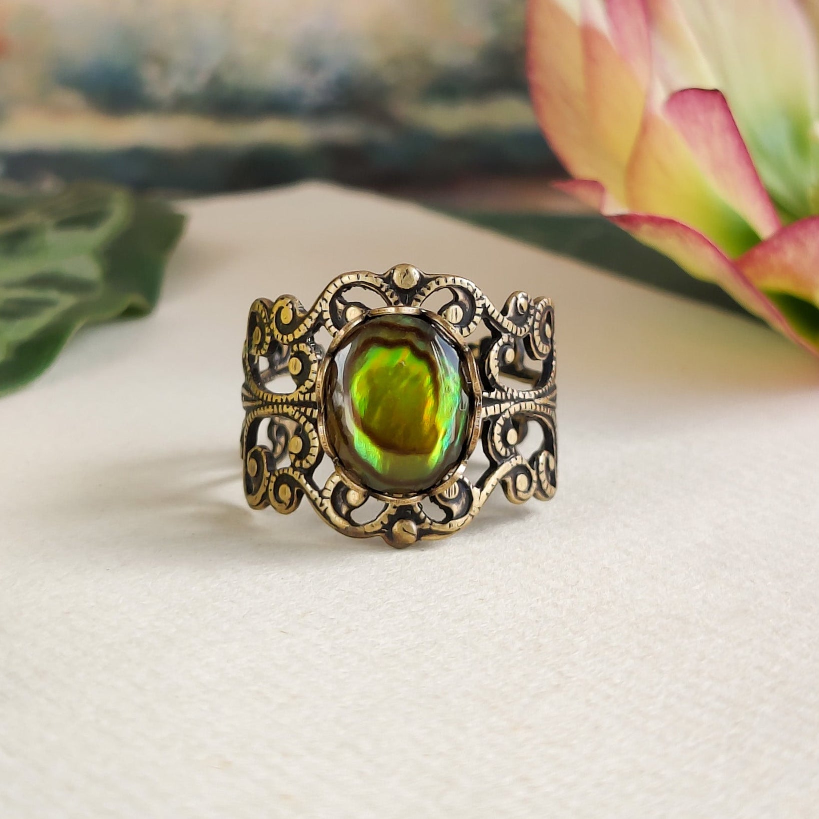 antiqued brass modern vintage inspired fully adjustable yellow green oval shell ring in gypsy girl aesthetic