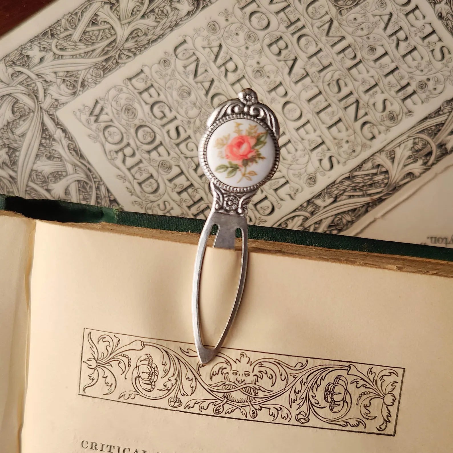 antiqued silver modern vintage inspired  pink rose cabochon circle bookmark. Great gift for editors.