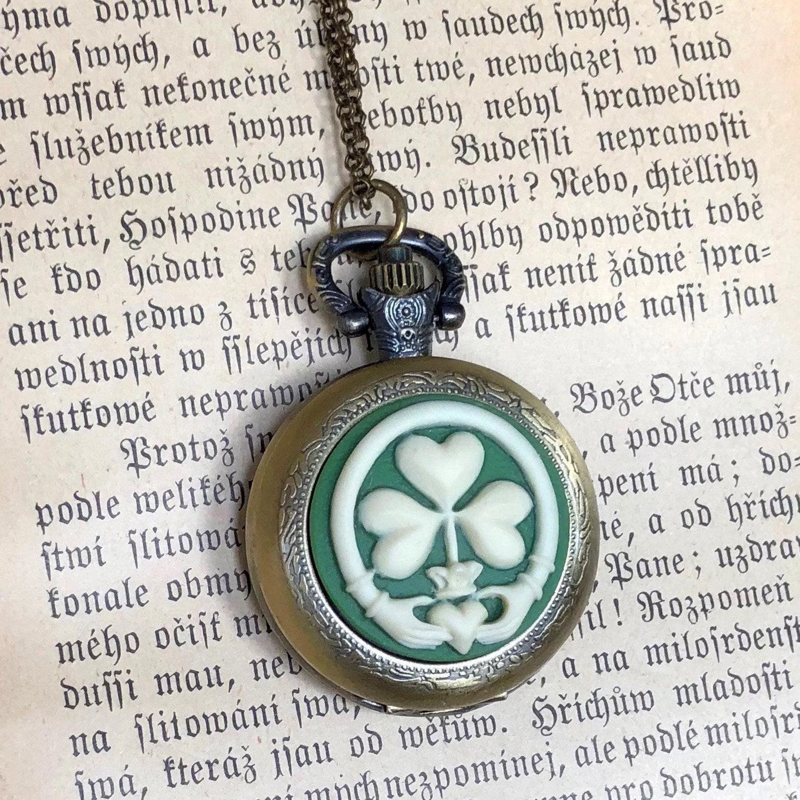 Claddagh Clover Pocket Watch Necklace