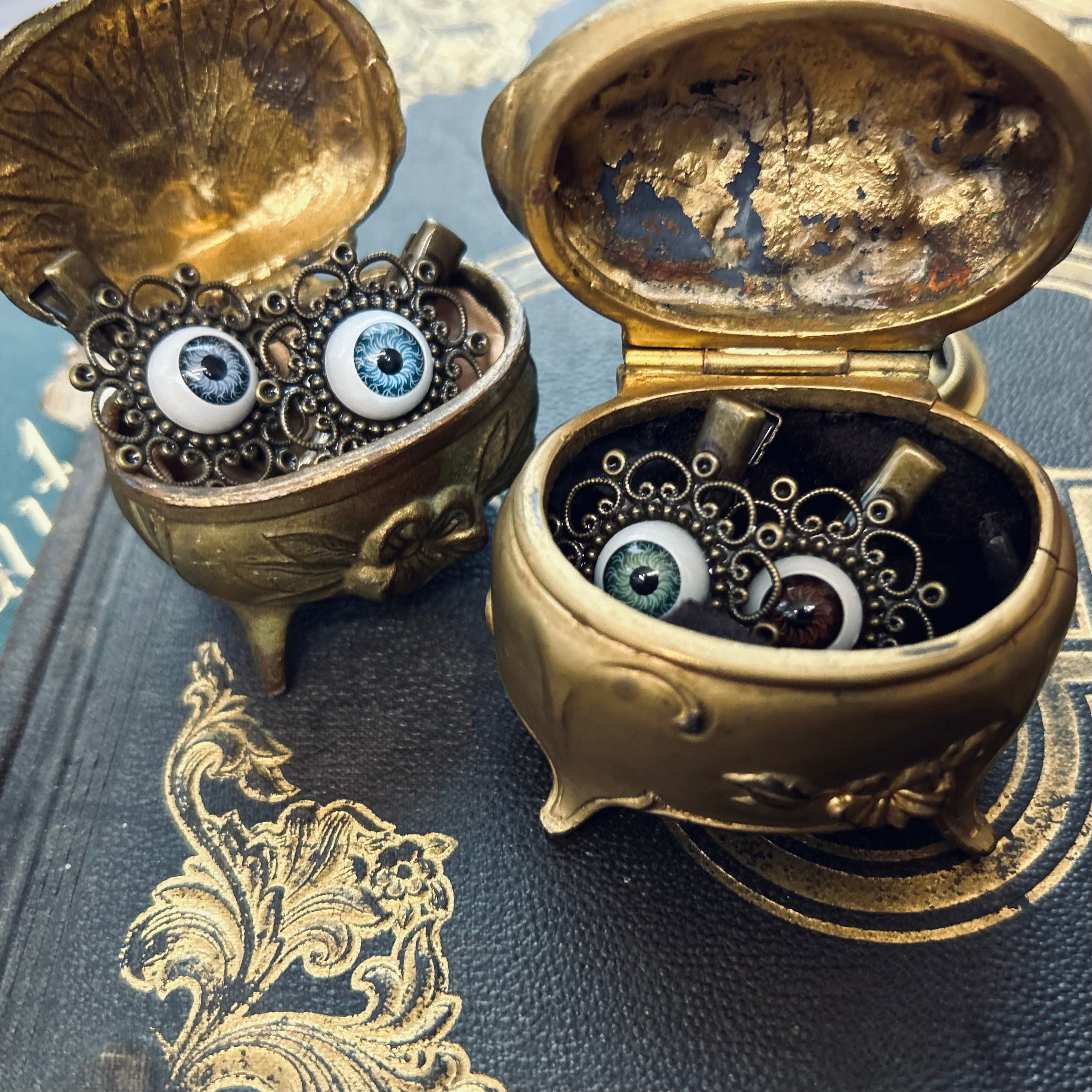 antiqued brass filigree eyeball hair clips in victorian gothic style