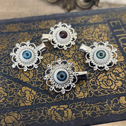 silver filigree green blue or brown eyeball hair clips in victorian style