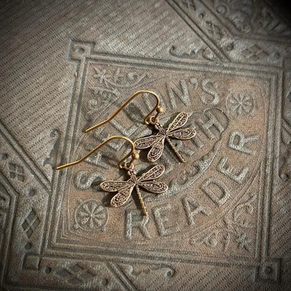 Tiny Victorian Dragonfly Earrings or Necklace, Choose Antiqued Silver or Brass