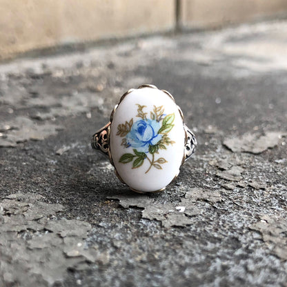 Blue Rose Cameo Ring on Vintage Style Victorian Filigree Adjustable Ring in Silver or Brass