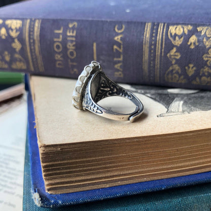 Pink Rose Cameo Ring on Vintage Style Victorian Filigree Adjustable Ring in Silver or Brass.  Available in Pink, Blue, or Yellow