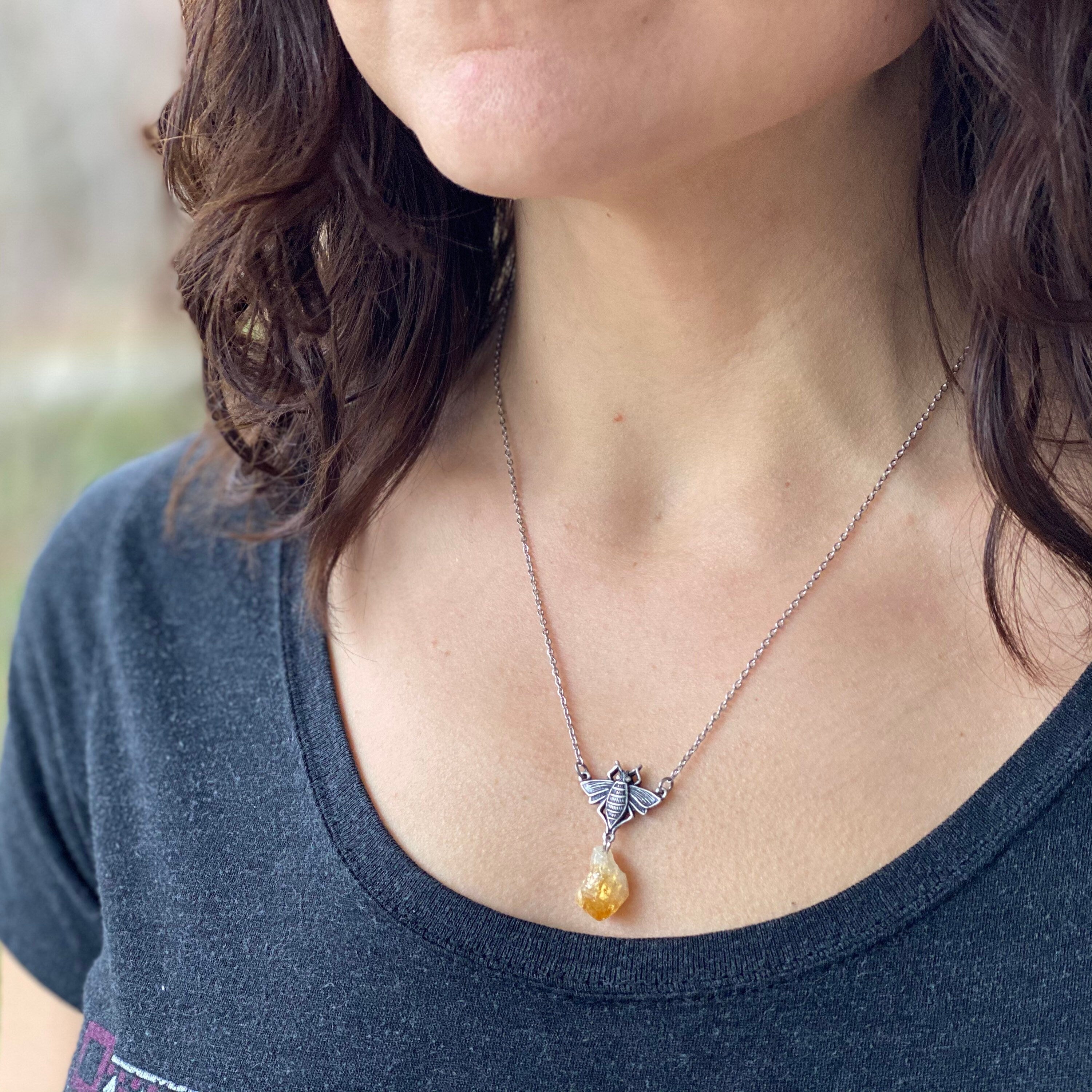 Raw Citrine Stone Silver Honey Drop Bee Pendant Necklace