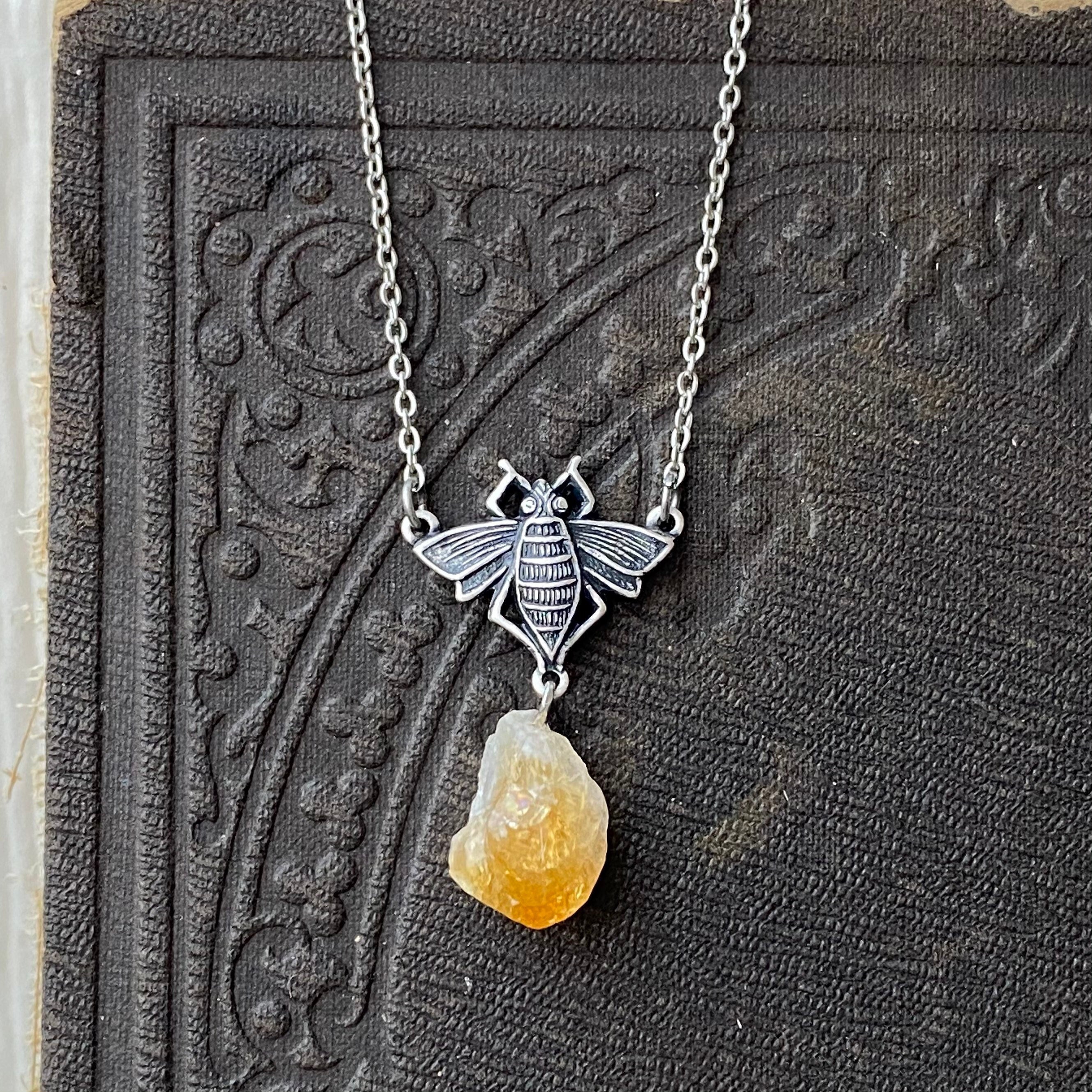 Raw Citrine Stone Silver Honey Drop Bee Pendant Necklace