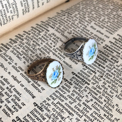 Blue Rose Cameo Ring on Vintage Style Victorian Filigree Adjustable Ring in Silver or Brass