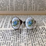 Blue Rose Cameo Ring on Vintage Style Victorian Filigree Adjustable Ring in Silver or Brass