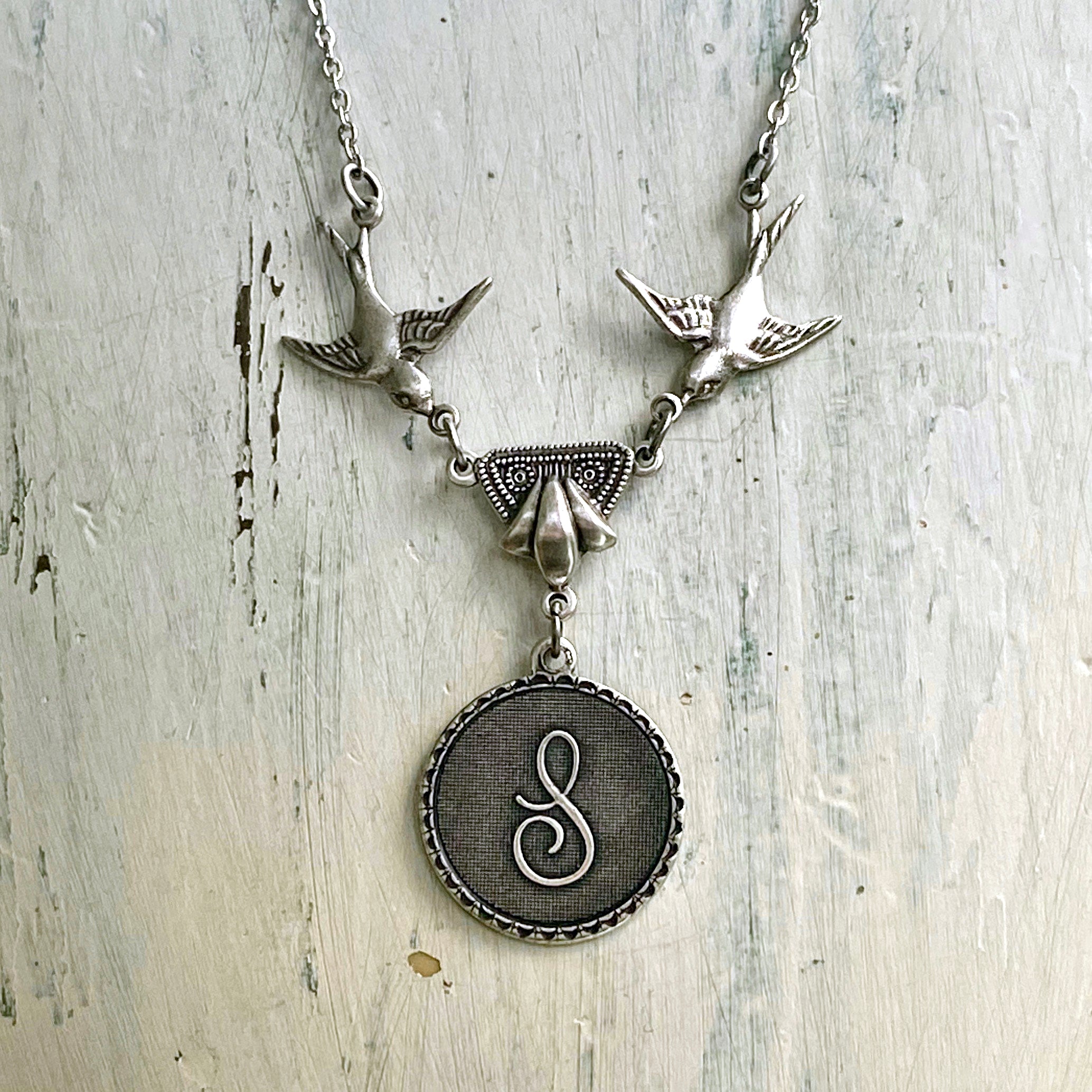 Initial Letter Necklace with Birds