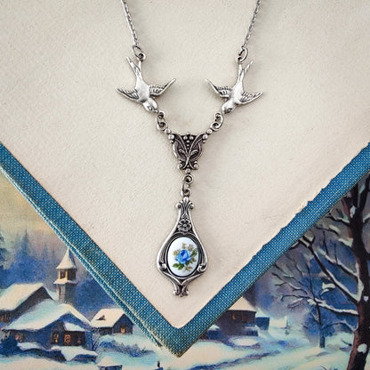 Antiqued bird Victorian style necklace with vintage rose teardrop ceramic cameo pendant.