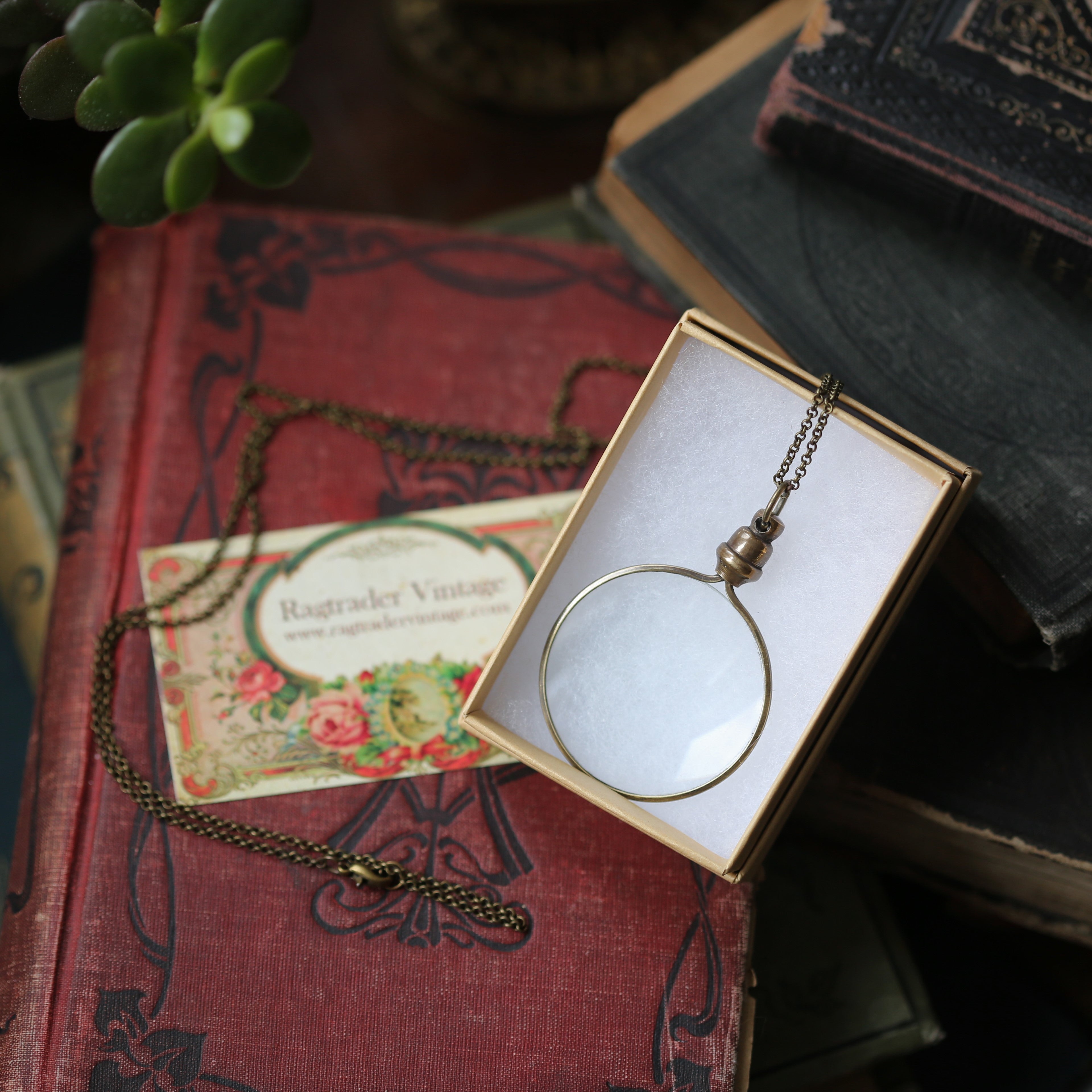 antiqued brass modern vintage inspired long monocle pendant necklace making a useful and thoughtful gift for grandma