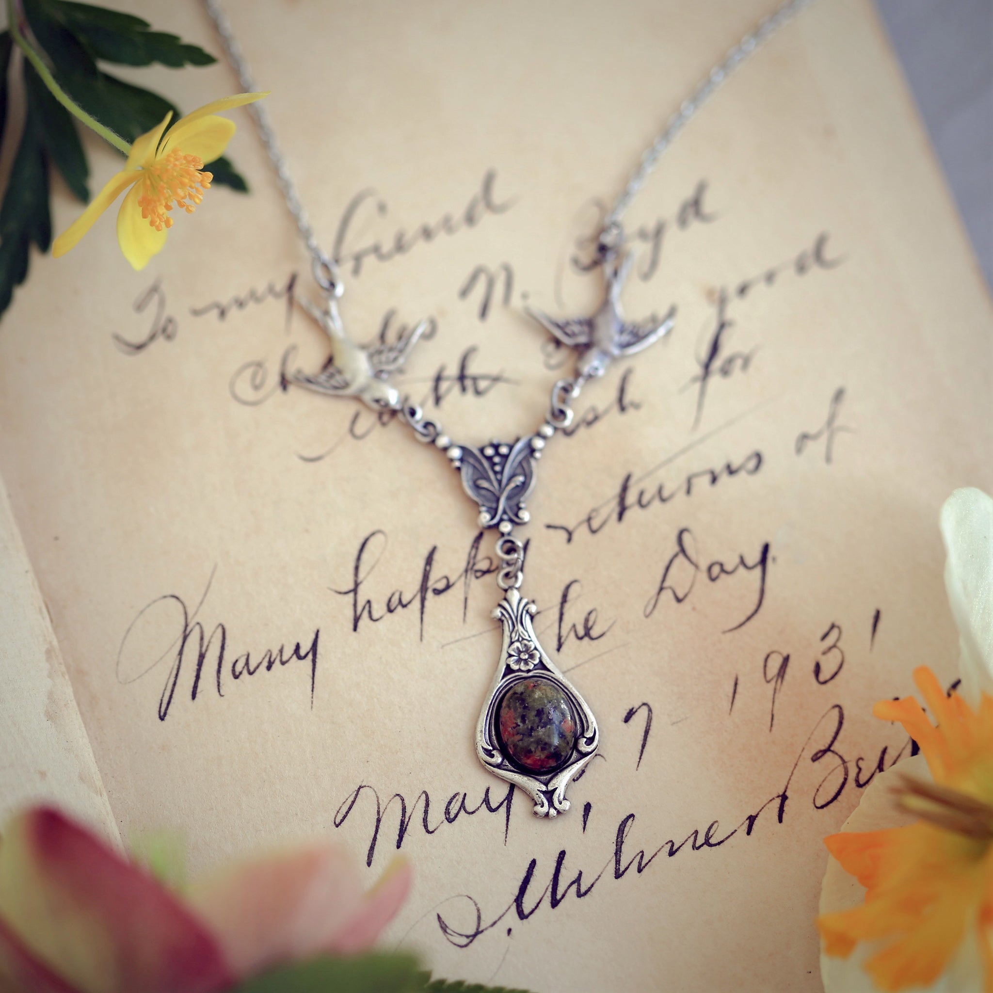 Antiqued silver vintage-style orange and green unakite drop pendant featuring birds in autumn mosscore aesthetic
