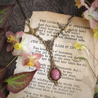 antiqued brass vintage-style pink rhodonite stone drop pendant with birds in pastel classic lolita style