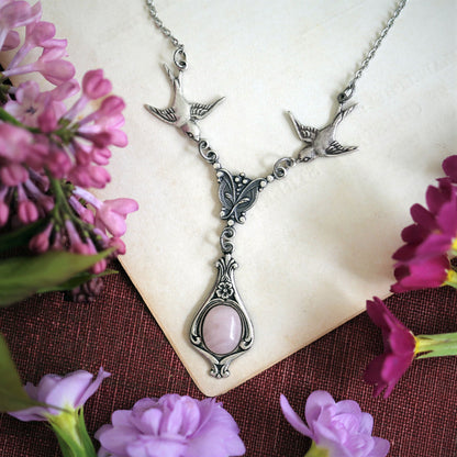 antiqued silver vintage-style pink rose quartz stone drop pendant with birds in pastel academia style