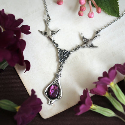 antiqued silver vintage-style pink shell drop pendant with birds great for bridesmaid wedding gifts