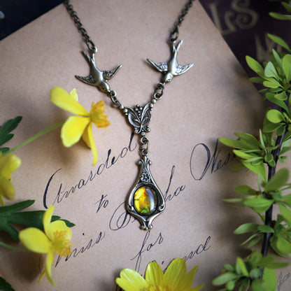 Antiqued silver vintage-style yellow shell drop pendant featuring birds in autumn academia style would be a great necklace for easter.