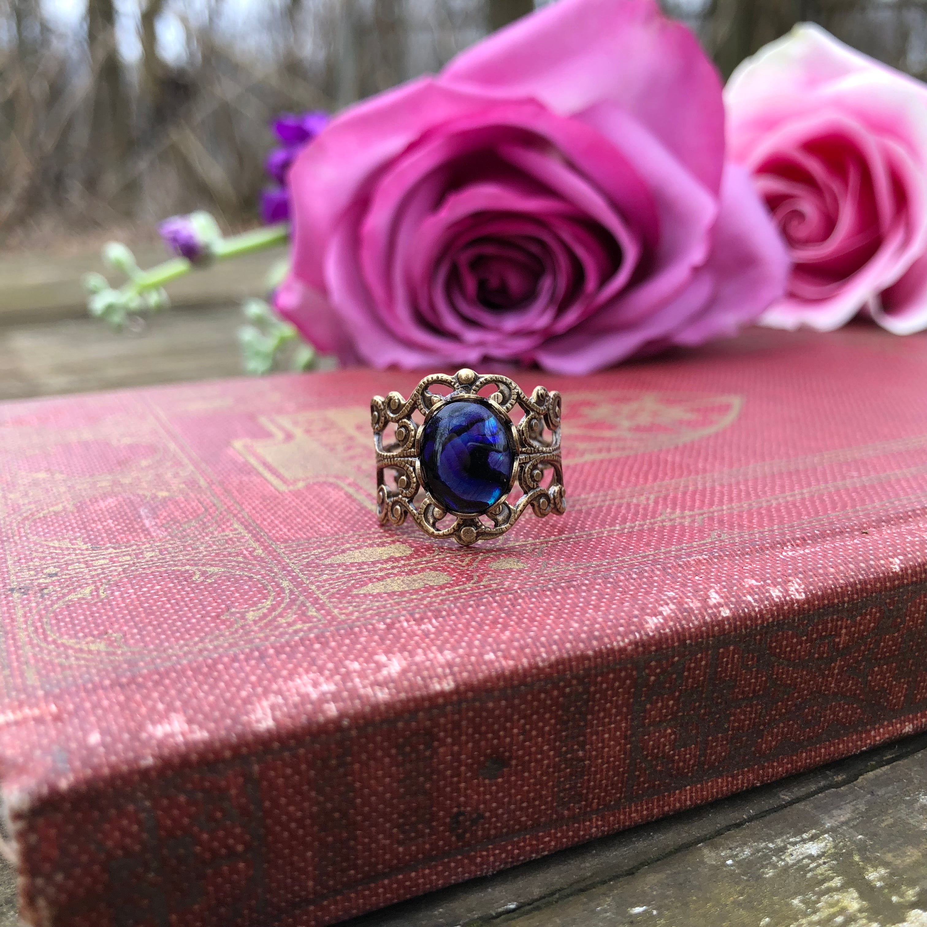 Blue Paua Shell Filigree Ring