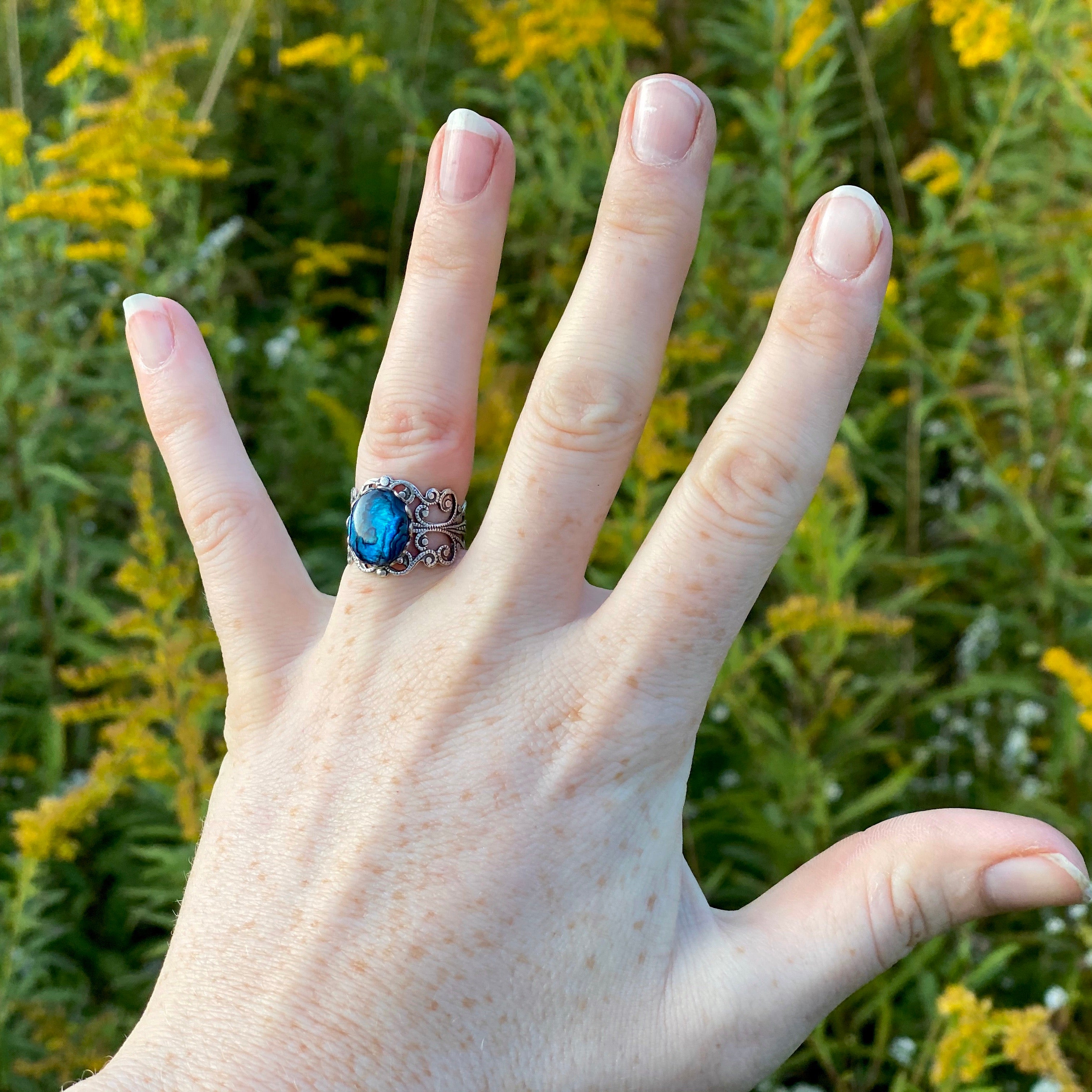 Blue Paua Shell Filigree Ring