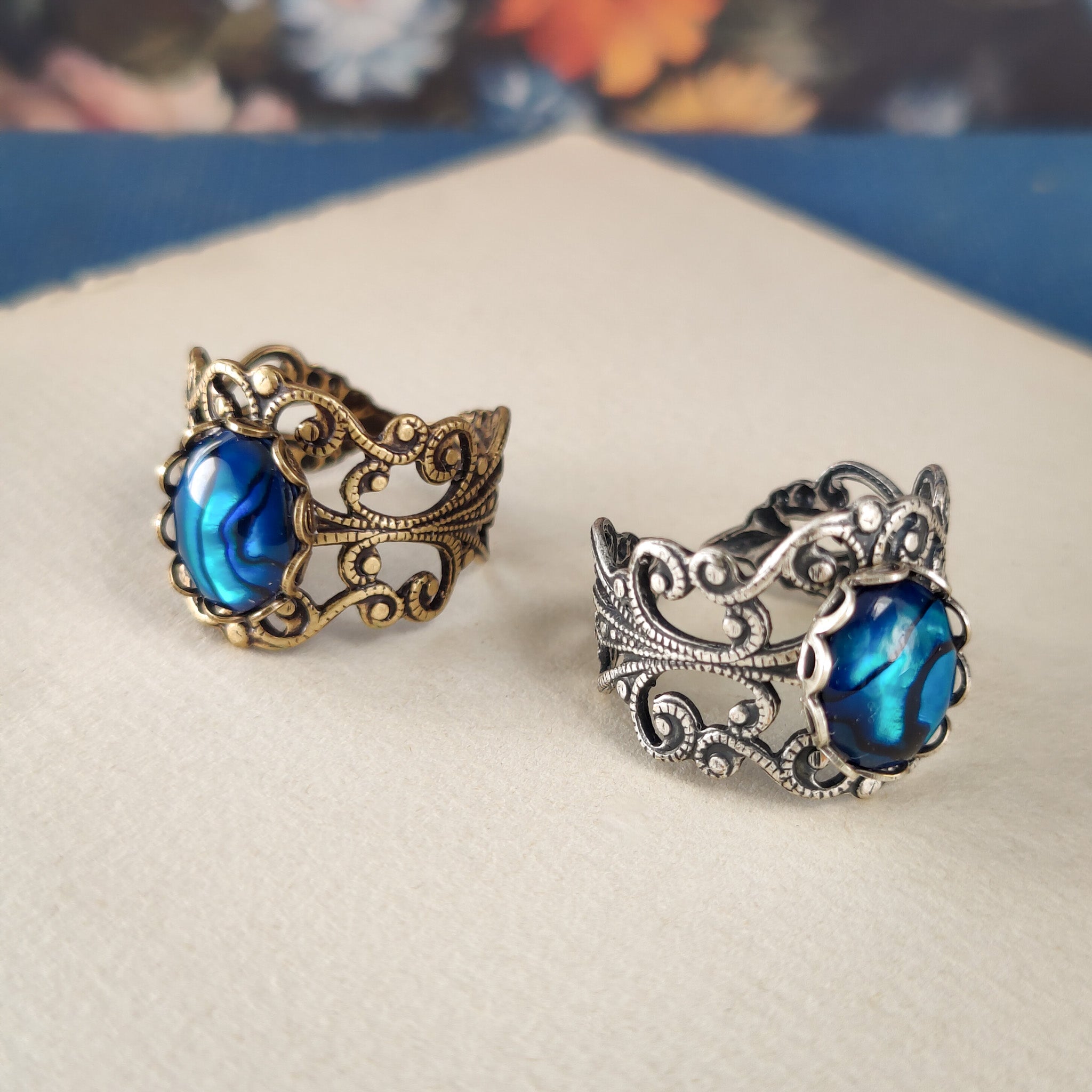 Blue Paua Shell Filigree Ring