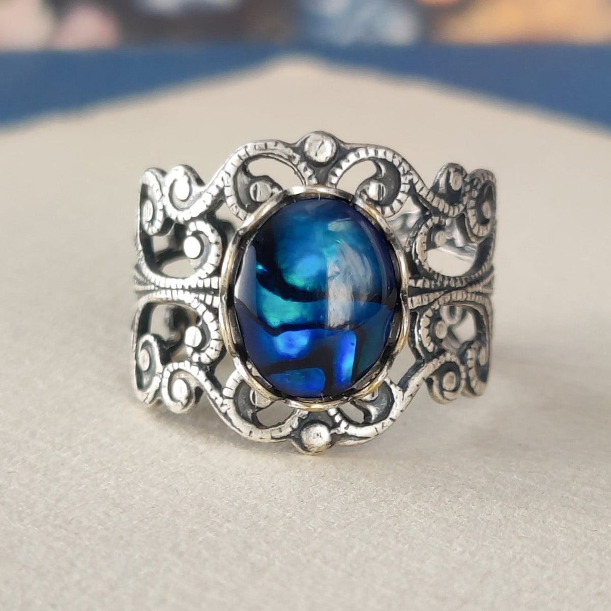 Blue Paua Shell Filigree Ring