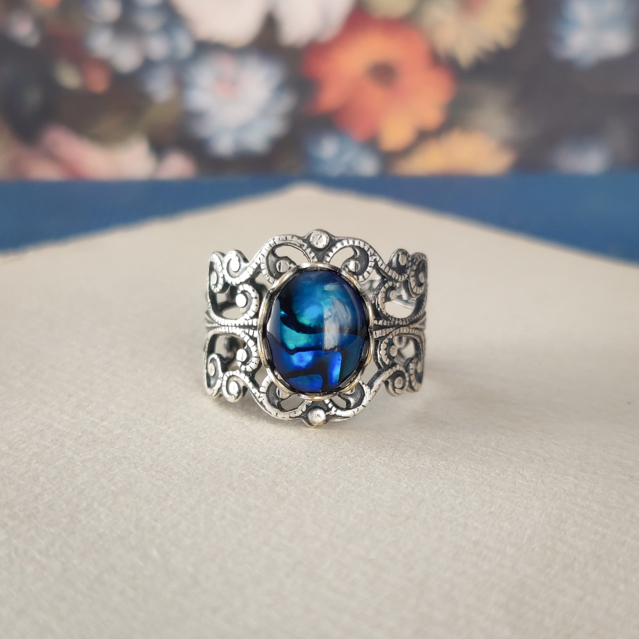 Blue Paua Shell Filigree Ring