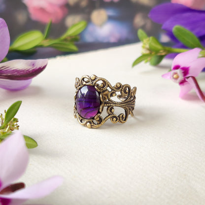 antiqued brass modern vintage inspired fully adjustable brass filigree band ring with an oval purple shell in the lilac femme style for Mother's Day gift