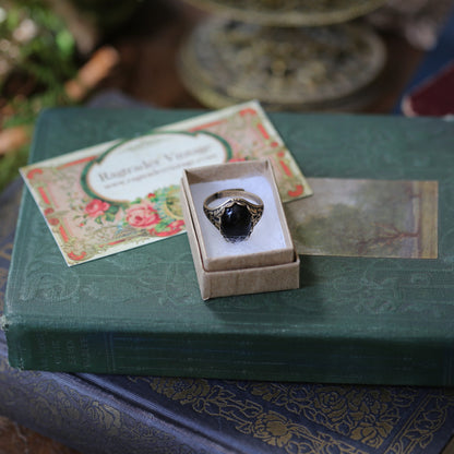 antiqued brass vintage-stye adjustable statement ring with black onyx oval stone cabochon in dark academia style in gift box