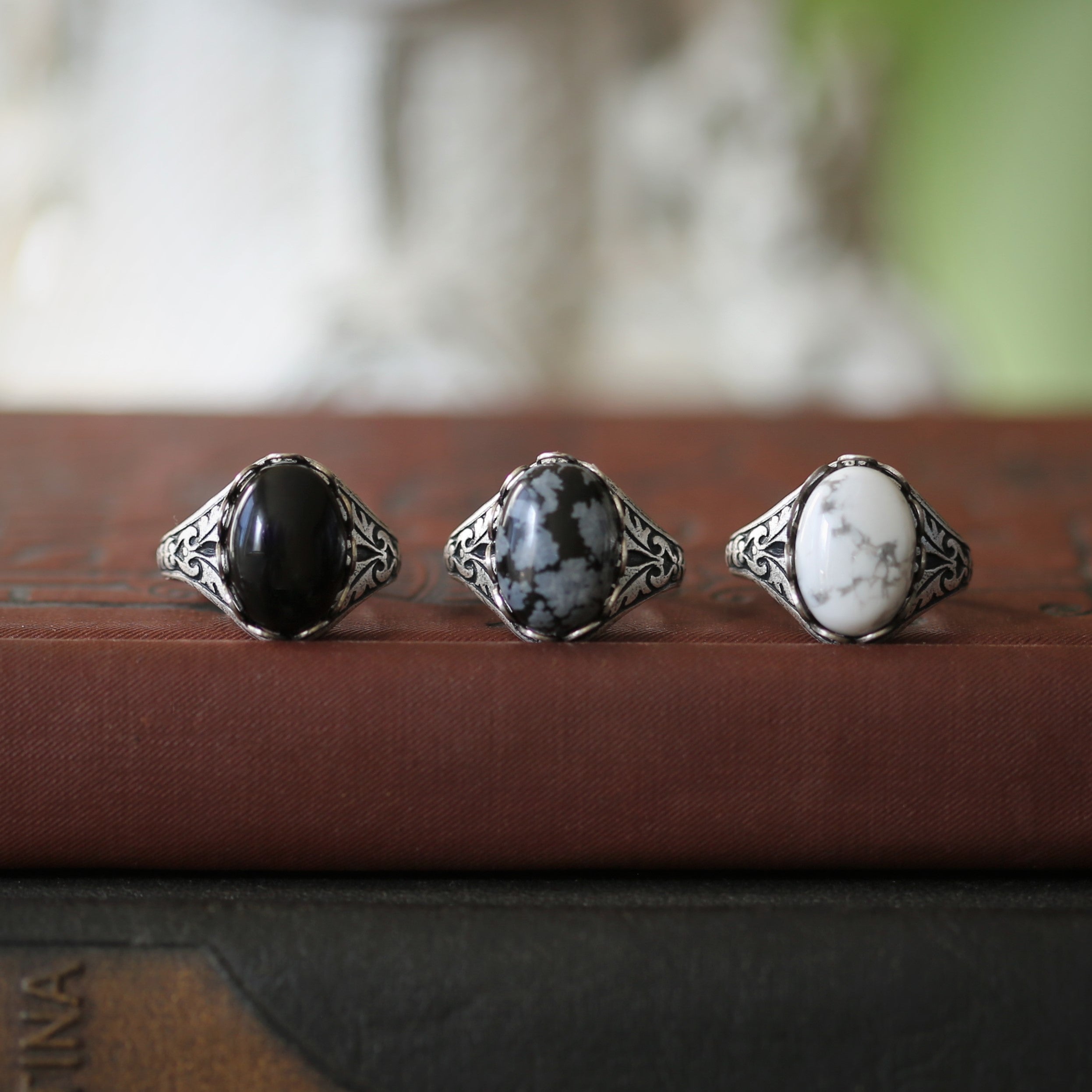 Silver adjustable black gray and white onyx snowflake obsidian and howlite stone statement ring jewelry set in gothic style