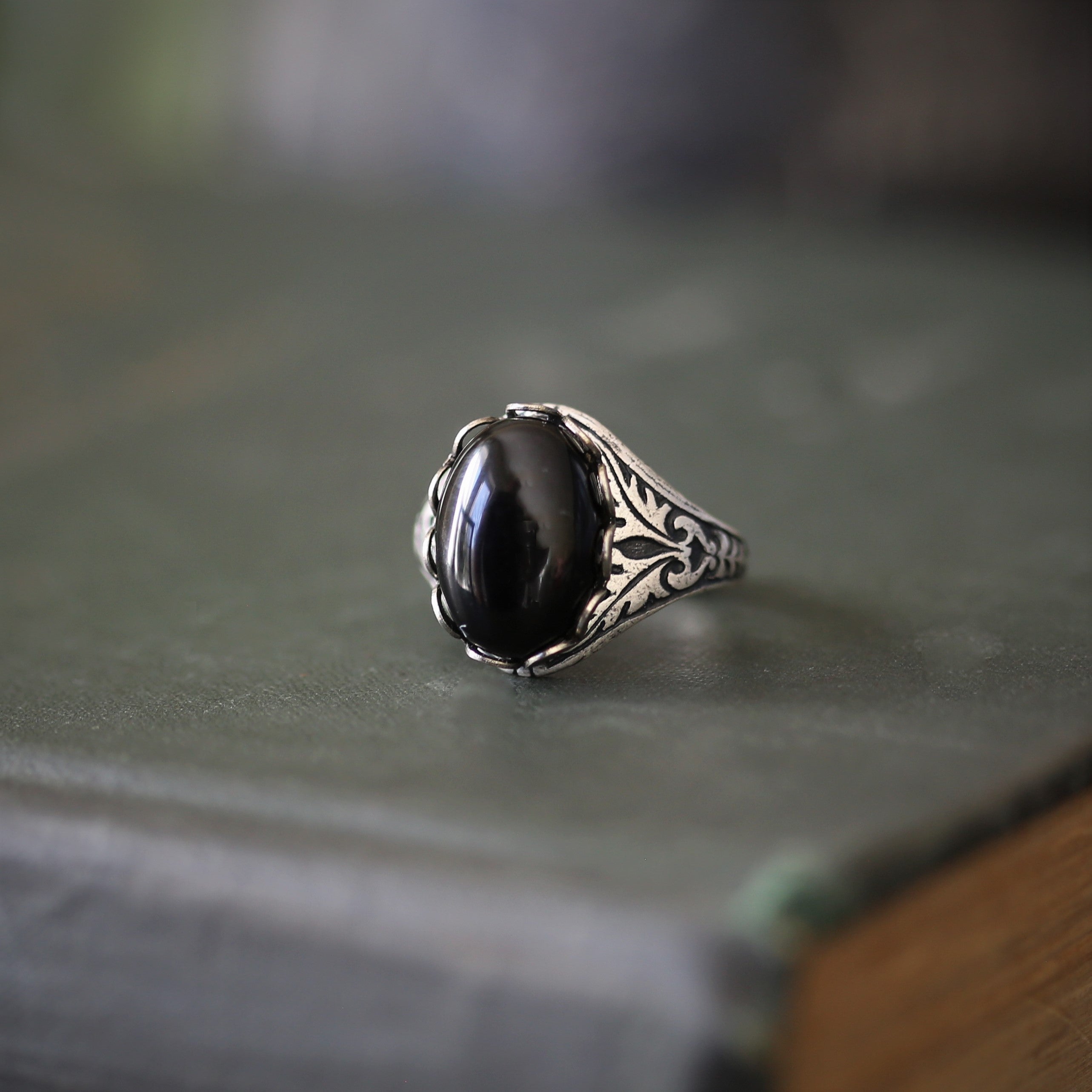 antiqued silver adjustable black onyx vintage style ring