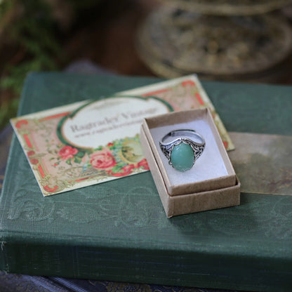 antiqued silver vintage style green aventurine semi-precious stone folk adjustable ring in gift box bardcore