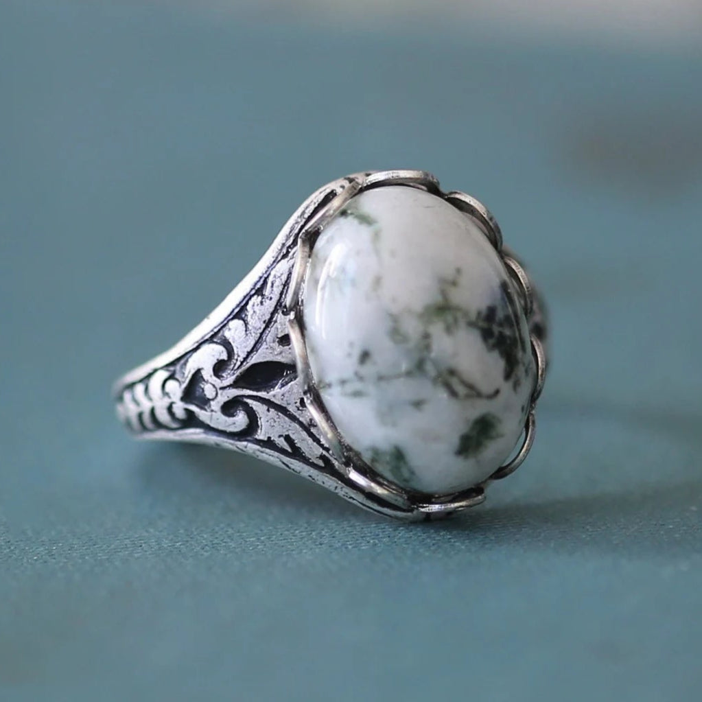 antiqued silver vintage style green and white tree agate semi-precious stone adjustable statement ring great for bridesmaids gift