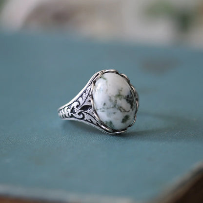 antiqued silver vintage style green and white tree agate semi-precious stone adjustable statement ring great for bridesmaids gift