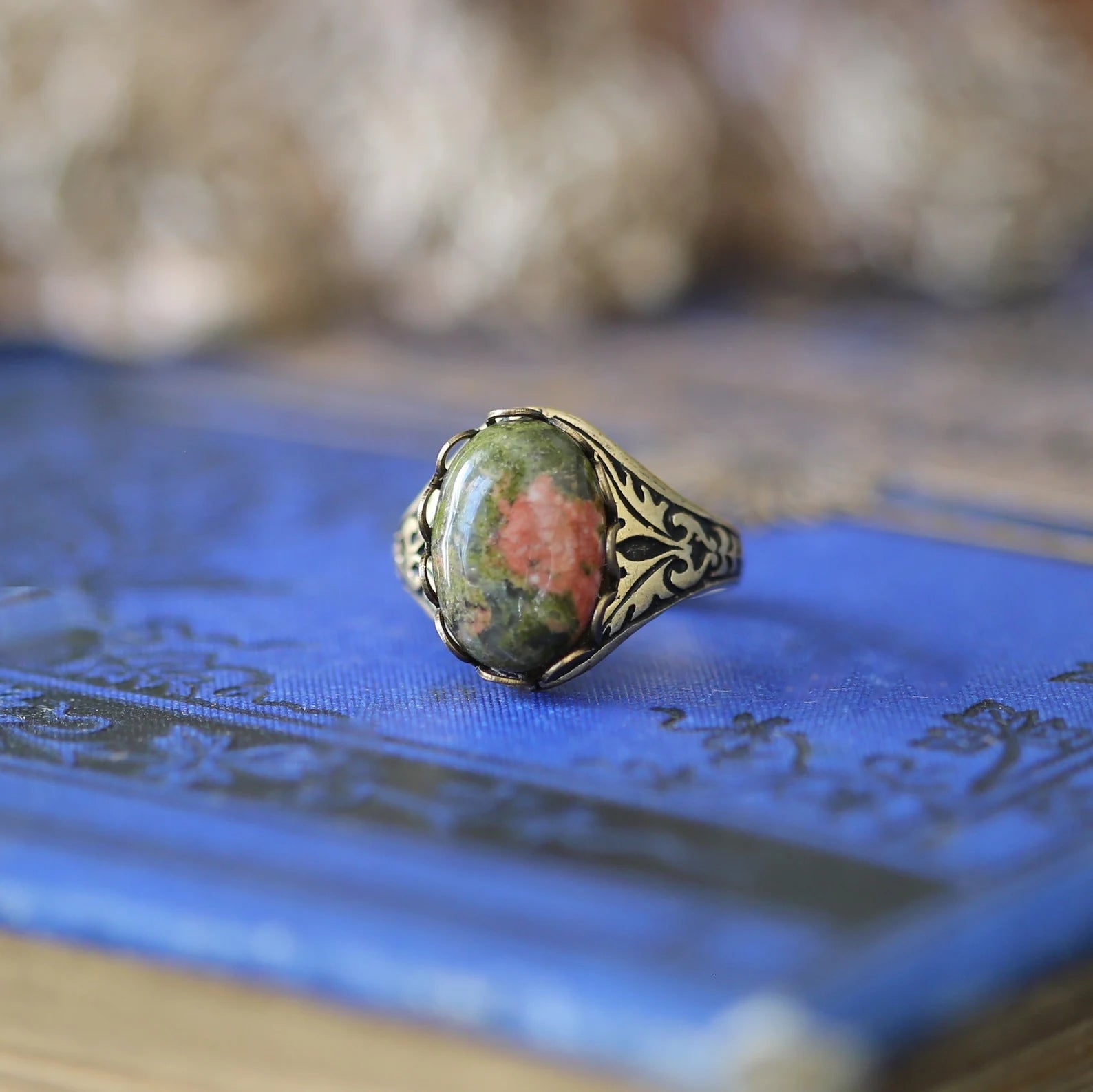 antiqued silver vintage style green and orange unakite semi-precious stone adjustable cocktail ring in mosscore cottage core or garden core esthetic