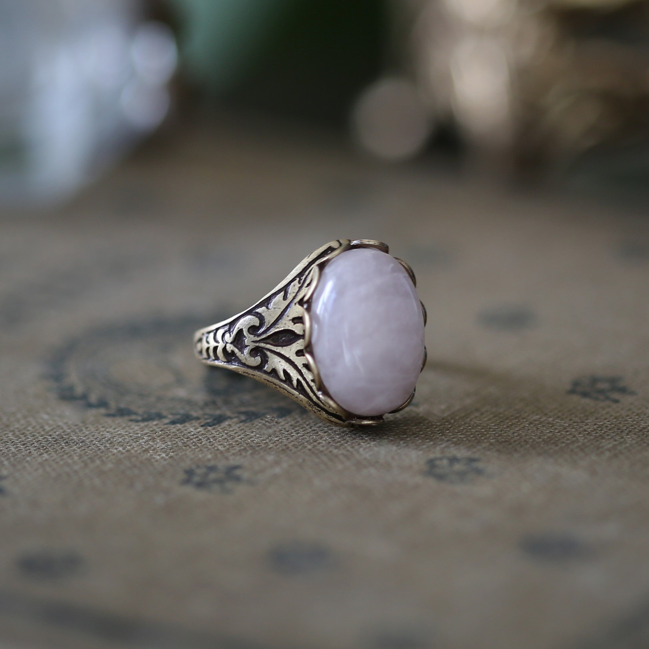 antiqued brass vintage-style Victorian pink rose quartz semi-precious stone adjustable statement ring a perfect wedding bridesmaid gift