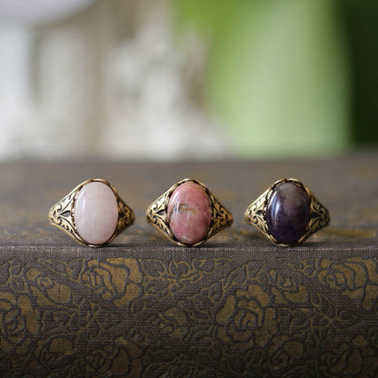 antiqued brass vintage-style Victorian pink and purple semi-precious stone adjustable statement ring in rose quartz  rhodonite and amethyst perfect for pastel academia fashion