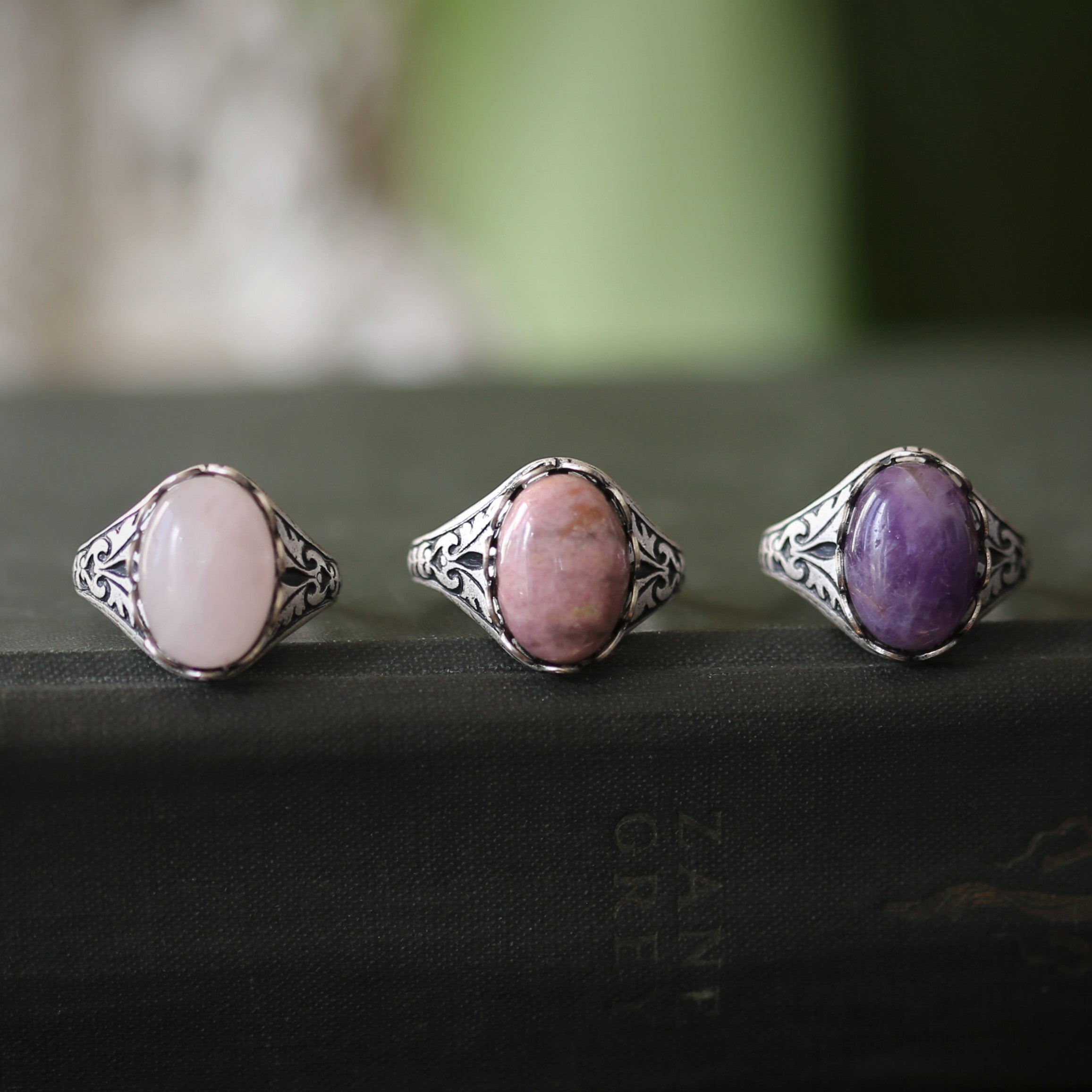 antiqued silver vintage-style Victorian pink and purple semi-precious stone adjustable statement ring inspired by classic Lolita aesthetic