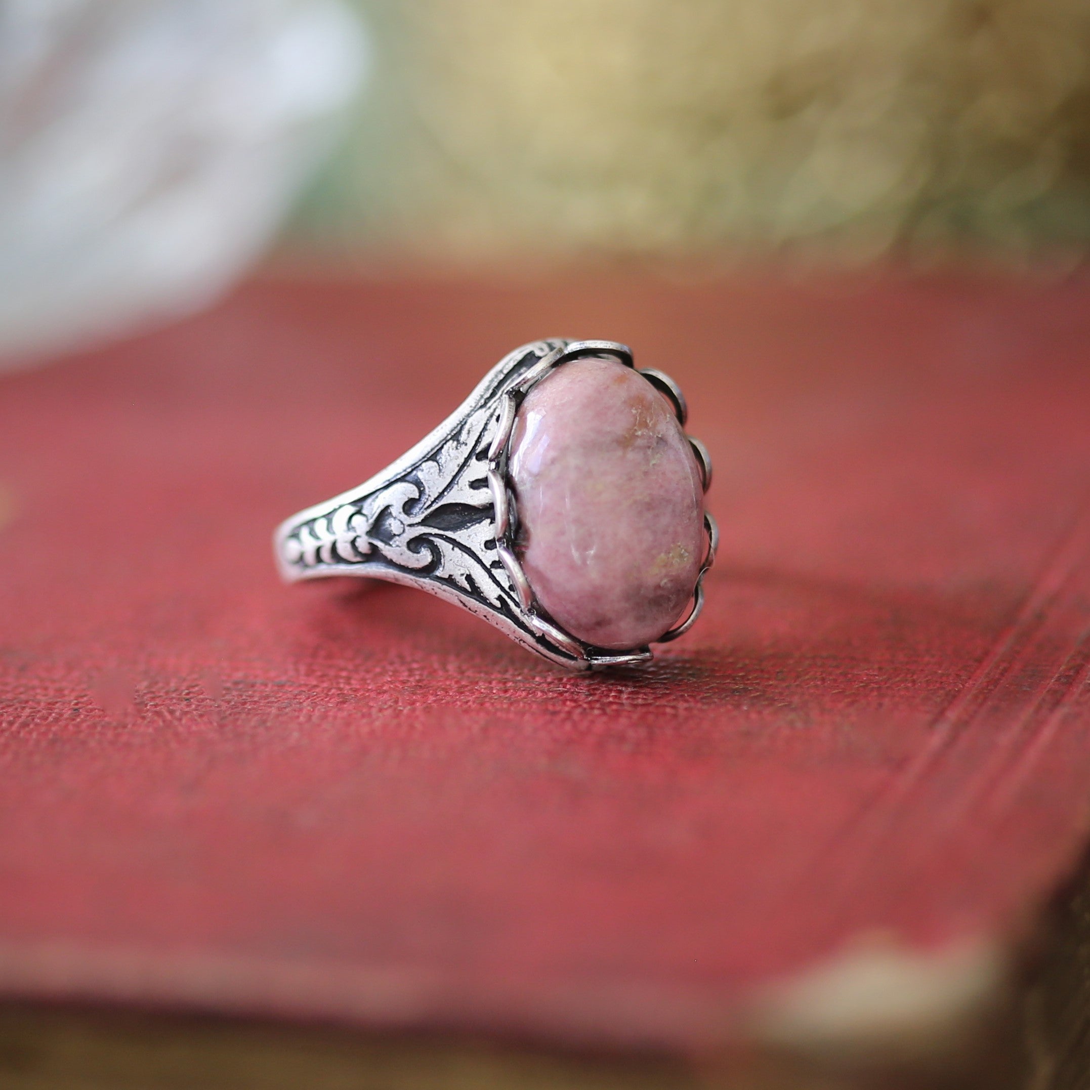 antiqued silver vintage-style gothic pink and purple semi-precious stone adjustable statement ring inspired by pastel goth or coquette aesthetic