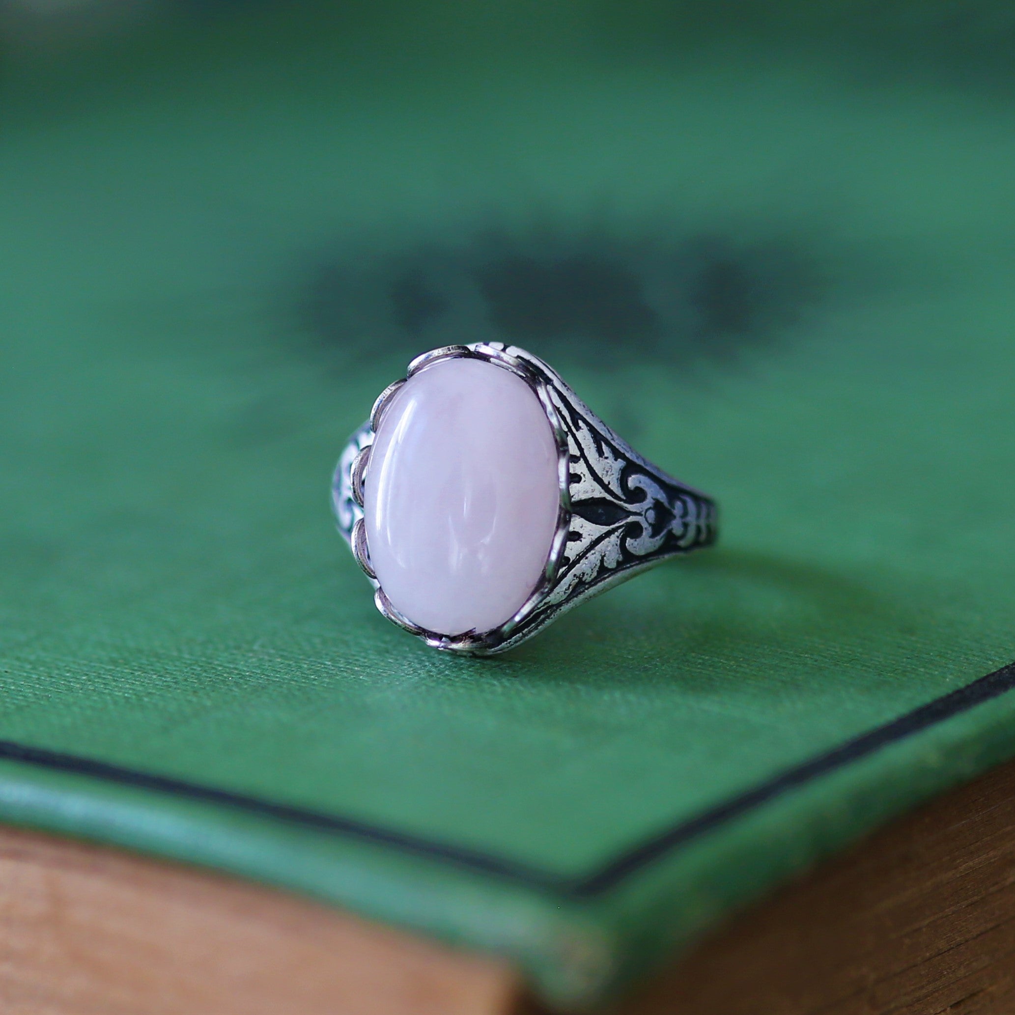 antiqued silver vintage-style Victorian pink rose quartz semi-precious stone adjustable statement ring perfect for a spring wedding