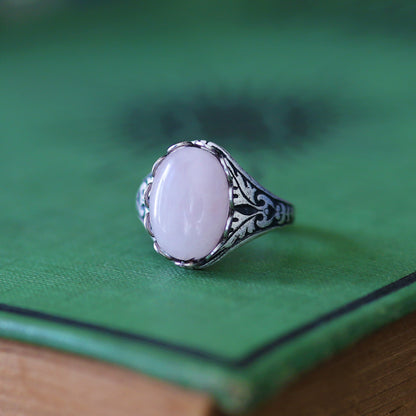 antiqued silver vintage-style Victorian pink rose quartz semi-precious stone adjustable statement ring perfect for a spring wedding