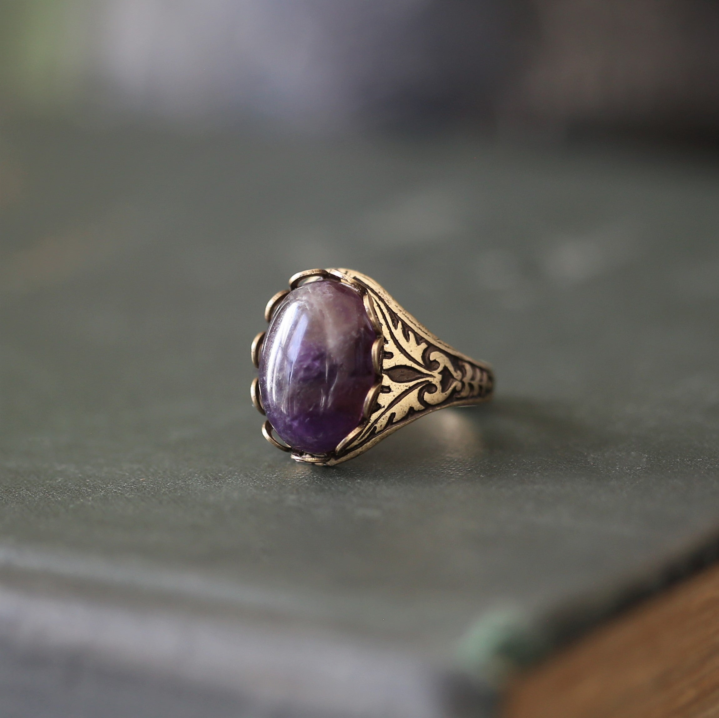 antiqued brass vintage-style renaissance purple amethyst semi-precious stone adjustable cocktail ring a perfect wedding bridesmaid gift