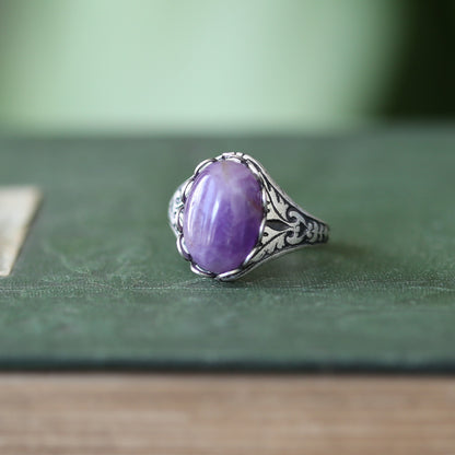 antiqued silver retro-style light academia purple amethyst semi-precious stone resizeable everyday ring a nostalgic classic girlfriend gift