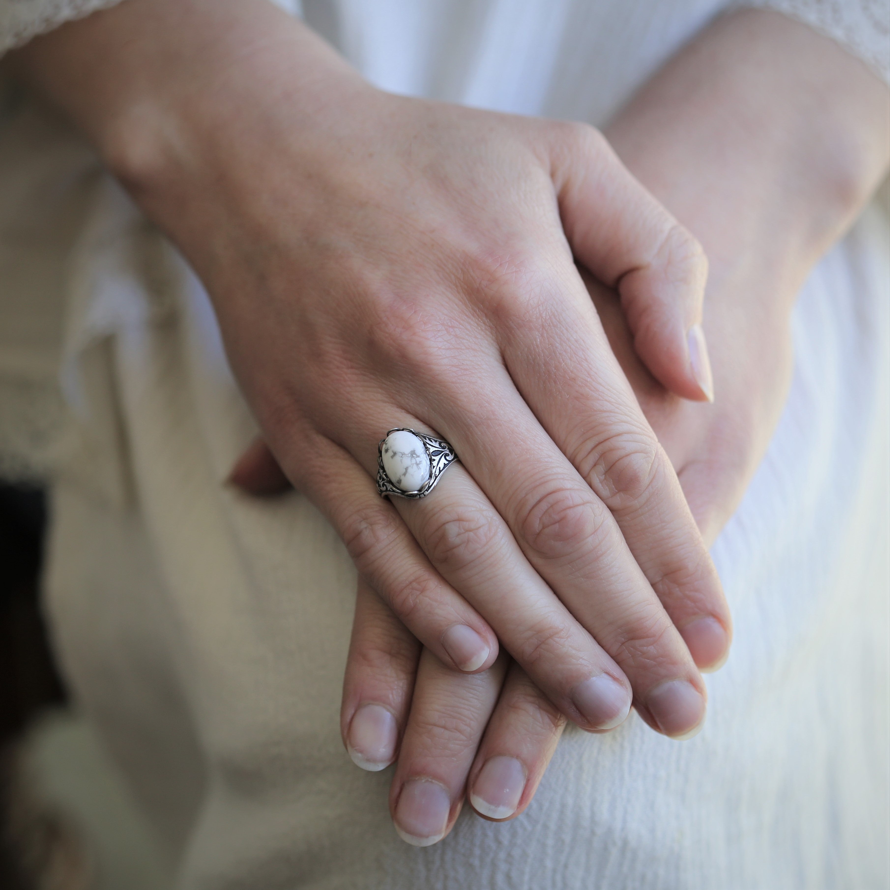 Antiqued silver vintage-style white howlite semi-precious stone adjustable ring in winter academia, light academia, white goth, or medieval style