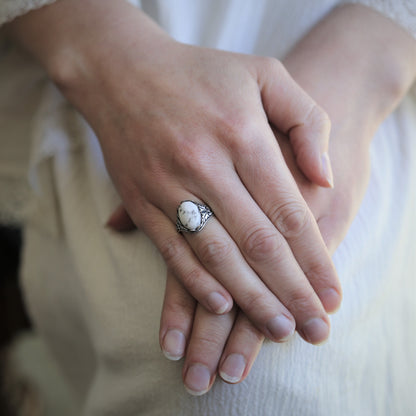 Antiqued silver vintage-style white howlite semi-precious stone adjustable ring in winter academia, light academia, white goth, or medieval style