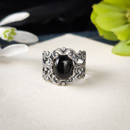 Antiqued silver modern vintage inspired adjustable filigree statement ring with a black oval onyx semi-precious stone mineral cabochon in Egirl style