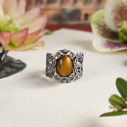 antiqued sivler mod vintage inspired adjustable filigree ring with brown oval tiger eye semi-precious stone mineral perfect for a lolita outfit.