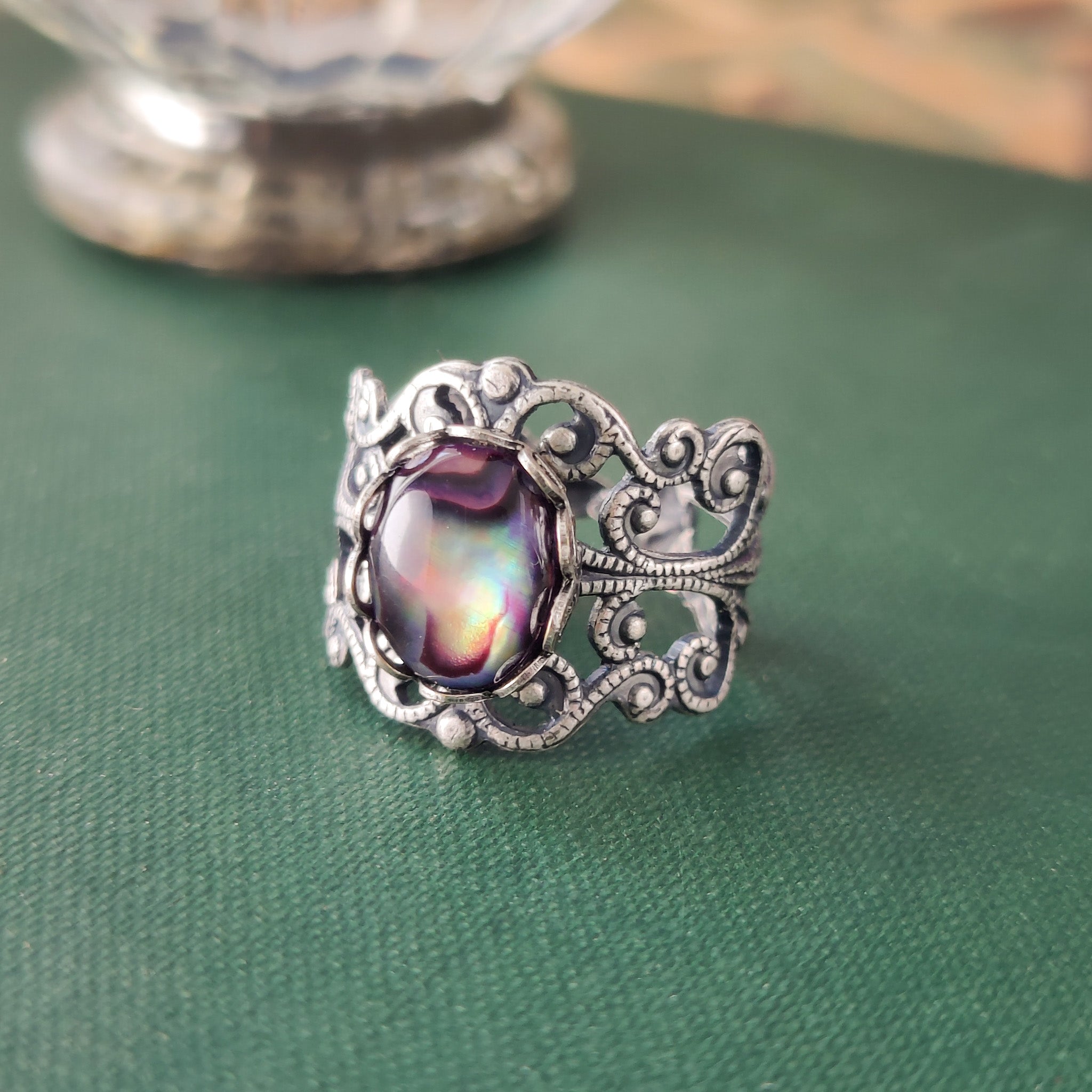 antiqued silver modern vintage inspired adjustable gray oval shell ring in gothic lolita style