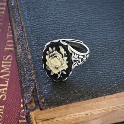 Black Rose Cameo Ring in Antique Brass or Silver