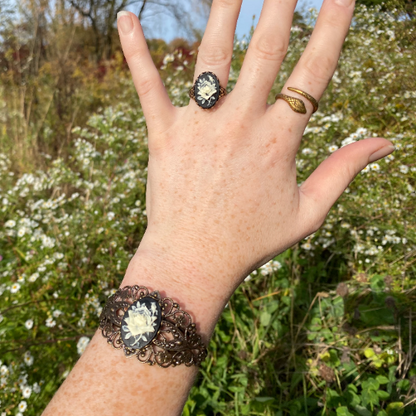 Black Rose Cameo Ring in Antique Brass or Silver